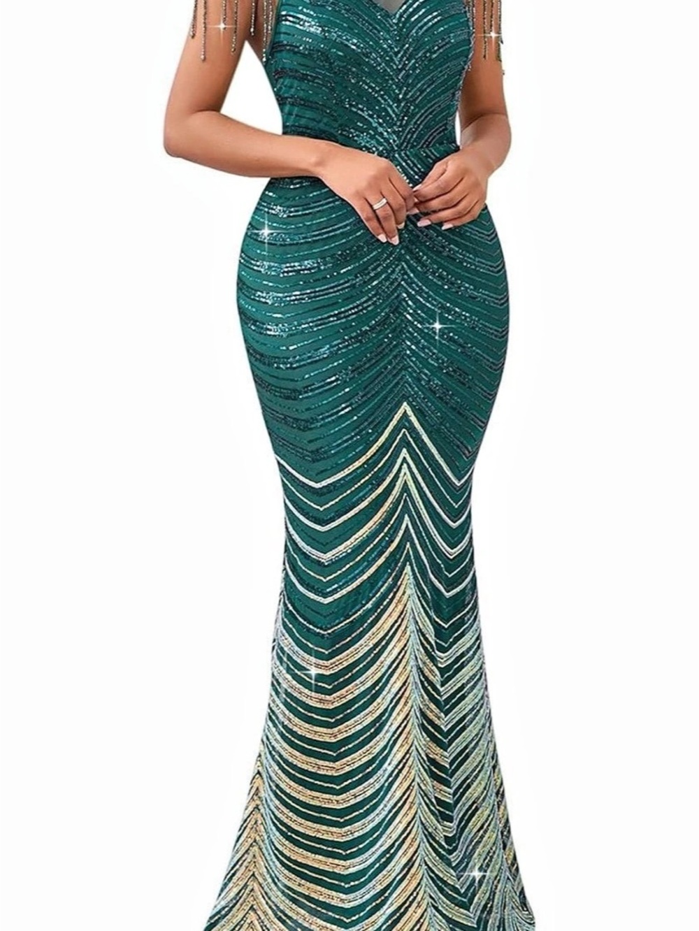 UNITHORSE Fringe Trim Mermaid Hem Sequin Formal Dress Green & Gold